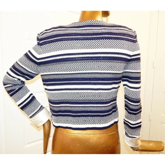 St John Evening sz 8 Navy Blue‎ Ivory Knit Paillette Sequin Full Zip Jacket USA